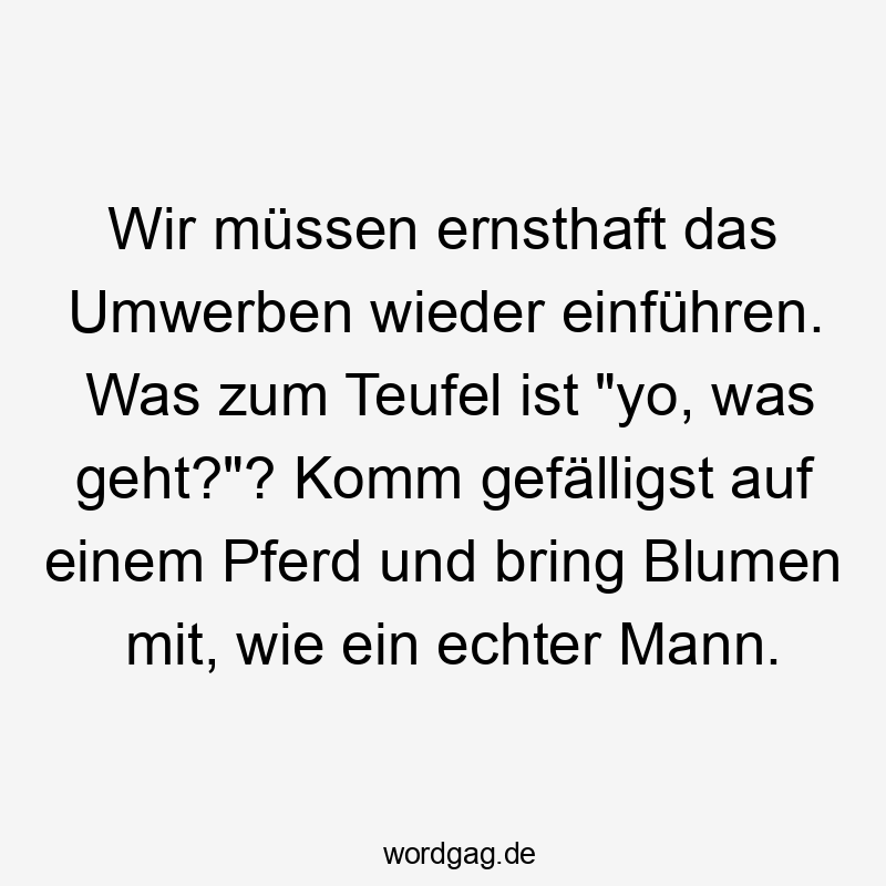 Lustige Sprüche: geht - Wir müssen ernsthaft das Umwerben wieder einführen. Was zum Teufel ist „yo, was geht?“? Komm gefälligst auf einem Pferd und bring Blumen mit, wie ein echter Mann.