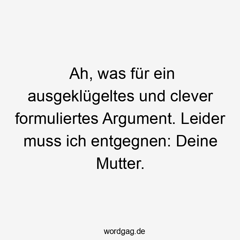 Lustige clever Sprüche - Ah, was für ein ausgeklügeltes und clever formuliertes Argument. Leider muss ich entgegnen: Deine Mutter.