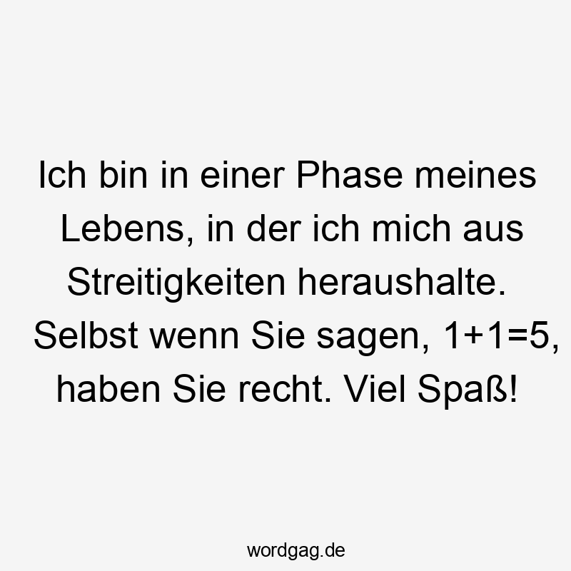 Streit - Ich bin in einer Phase meines Lebens, in der ich mich aus Streitigkeiten heraushalte. Selbst wenn Sie sagen, 1+1=5, haben Sie recht. Viel Spaß!