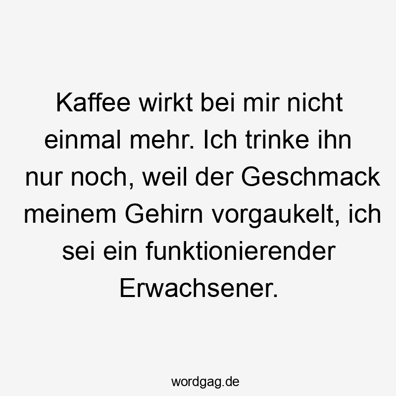 Lustige Sprüche: Geschmack - Kaffee wirkt bei mir nicht einmal mehr. Ich trinke ihn nur noch, weil der Geschmack meinem Gehirn vorgaukelt, ich sei ein funktionierender Erwachsener.
