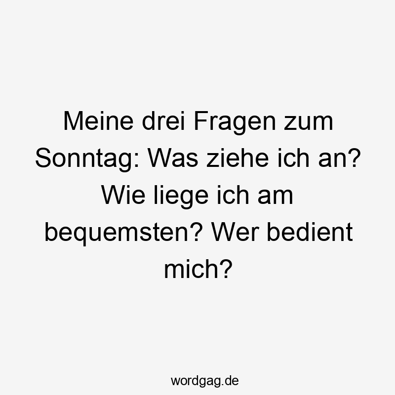 Lustige Bequemlichkeit Sprüche - Meine drei Fragen zum Sonntag: Was ziehe ich an? Wie liege ich am bequemsten? Wer bedient mich?