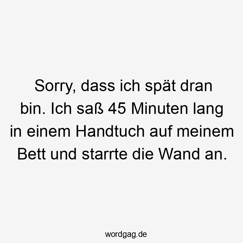 Lustige Sprüche: Prokrastination - Sorry, dass ich spät dran bin. Ich saß 45 Minuten lang in einem Handtuch auf meinem Bett und starrte die Wand an.