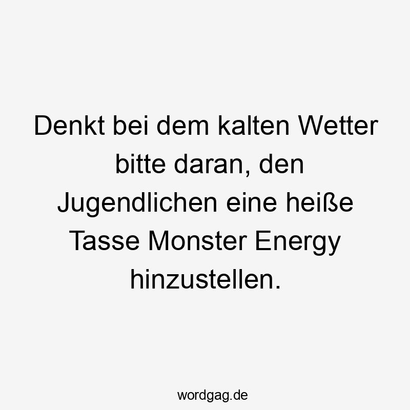 Lustige Sprüche: Bitte - Denkt bei dem kalten Wetter bitte daran, den Jugendlichen eine heiße Tasse Monster Energy hinzustellen.