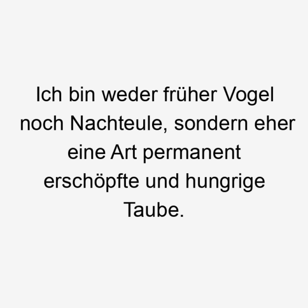  119 Lustige Müde Sprüche - Ich bin weder früher Vogel noch Nachteule, sondern eher eine Art permanent erschöpfte und hungrige Taube.