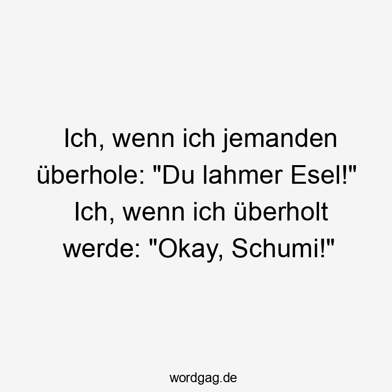Ich, wenn ich jemanden überhole: „Du lahmer Esel!“ Ich, wenn ich überholt werde: „Okay, Schumi!“