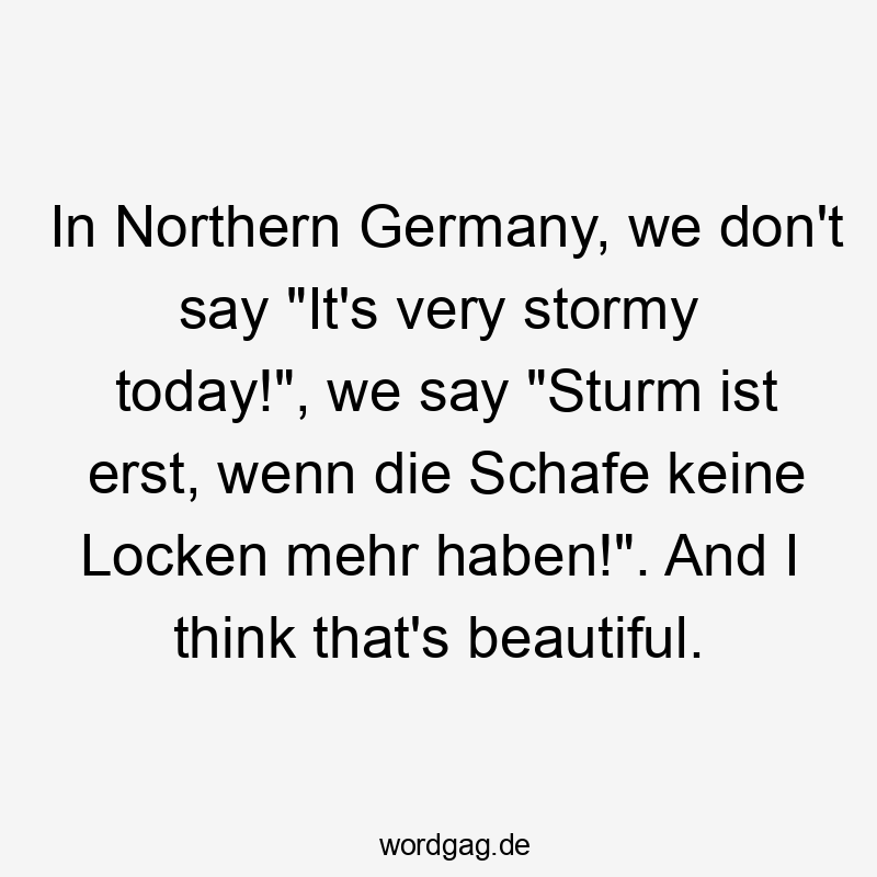  mehr - In Northern Germany, we don’t say „It’s very stormy today!“, we say „Sturm ist erst, wenn die Schafe keine Locken mehr haben!“. And I think that’s beautiful.