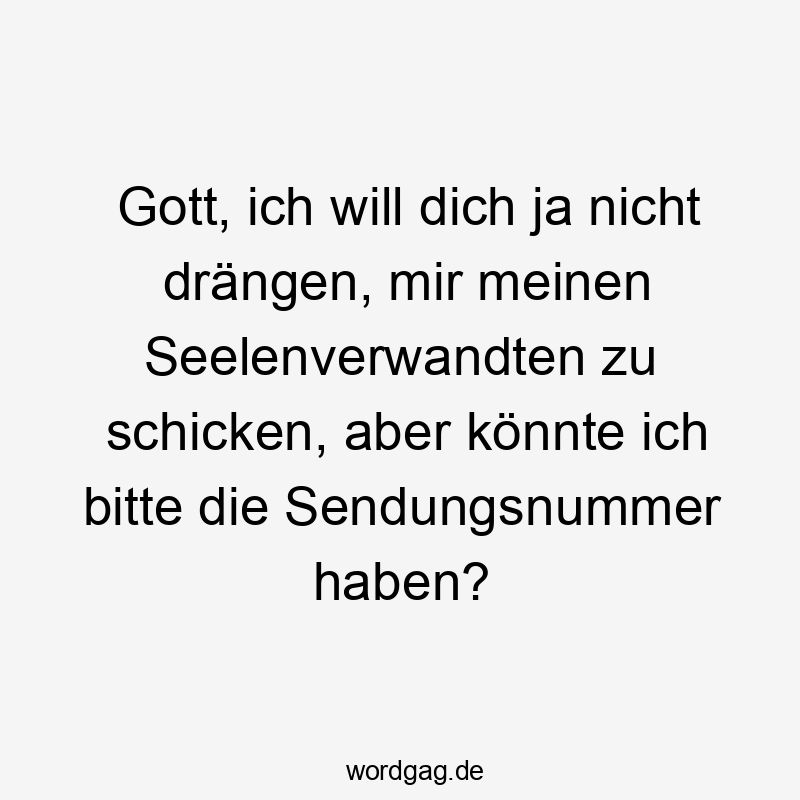 Gott, ich will dich ja nicht drängen, mir meinen Seelenverwandten zu schicken, aber könnte ich bitte die Sendungsnummer haben?