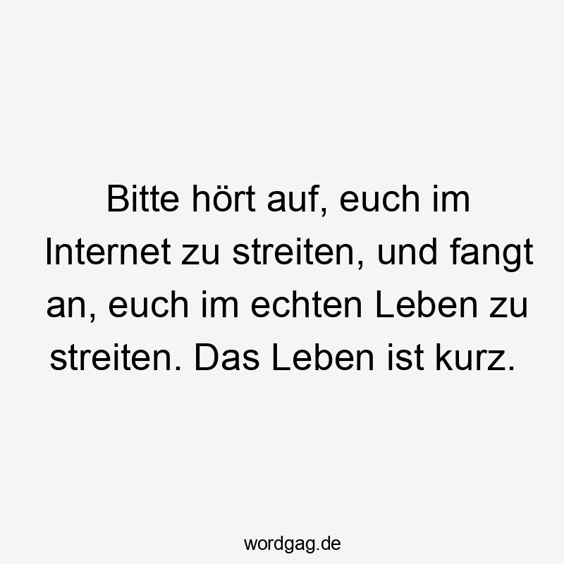 Lustige Sprüche: Bitte - Bitte hört auf, euch im Internet zu streiten, und fangt an, euch im echten Leben zu streiten. Das Leben ist kurz.