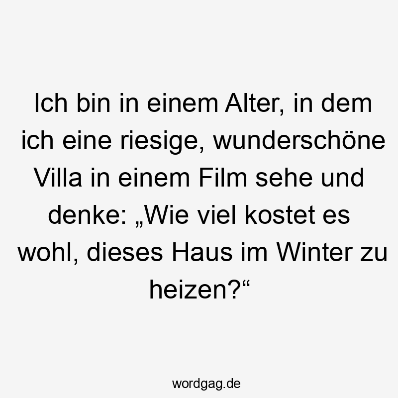 Ich bin in einem Alter, in dem ich eine riesige, wunderschöne Villa in einem Film sehe und denke: „Wie viel kostet es wohl, dieses Haus im Winter zu heizen?“