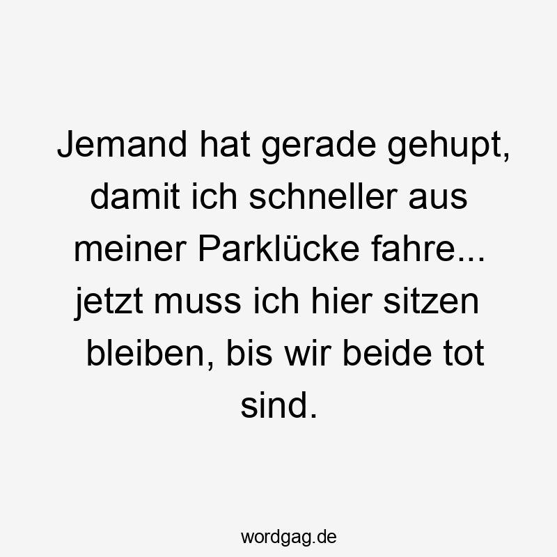 Jemand hat gerade gehupt, damit ich schneller aus meiner Parklücke fahre… jetzt muss ich hier sitzen bleiben, bis wir beide tot sind.