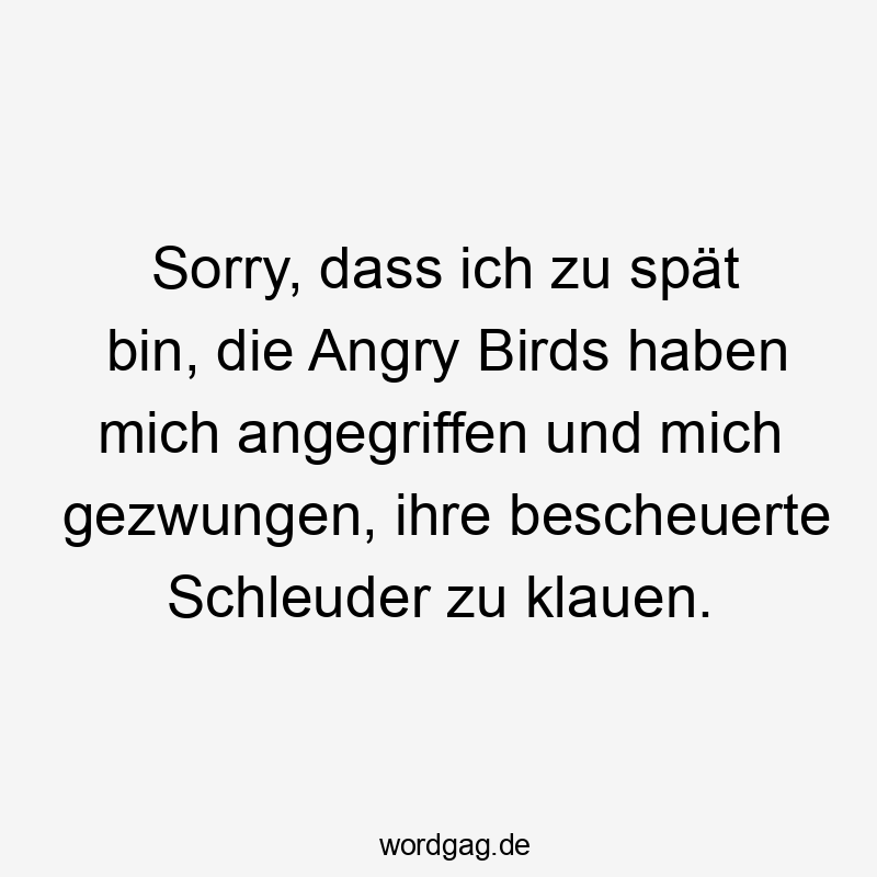 Sorry, dass ich zu spät bin, die Angry Birds haben mich angegriffen und mich gezwungen, ihre bescheuerte Schleuder zu klauen.