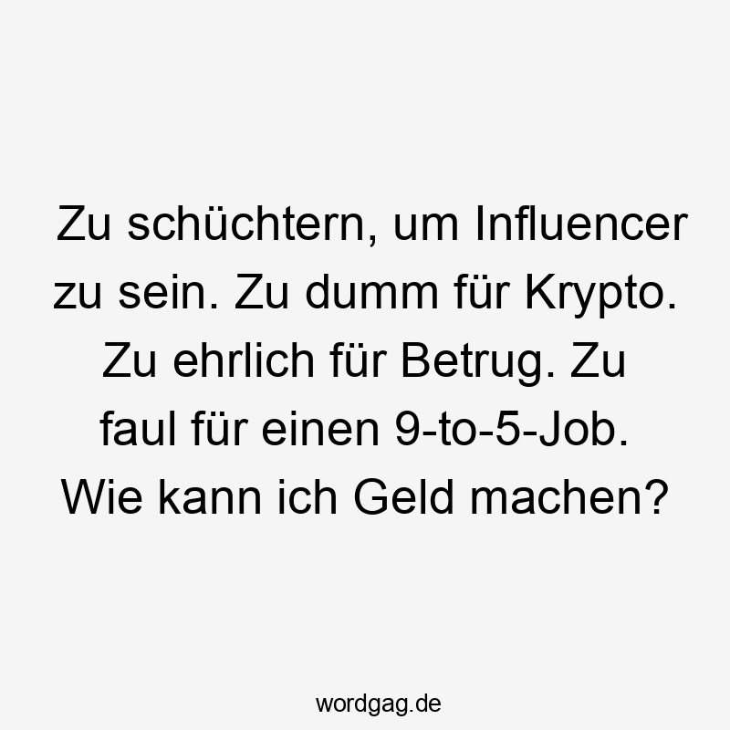 Zu schüchtern, um Influencer zu sein. Zu dumm für Krypto. Zu ehrlich für Betrug. Zu faul für einen 9-to-5-Job. Wie kann ich Geld machen?